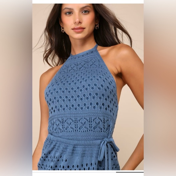 NEW! Lulus Blissful Strolls Slate Blue Crochet Faux-wrap Halter Midi Dress, M - Picture 3 of 4